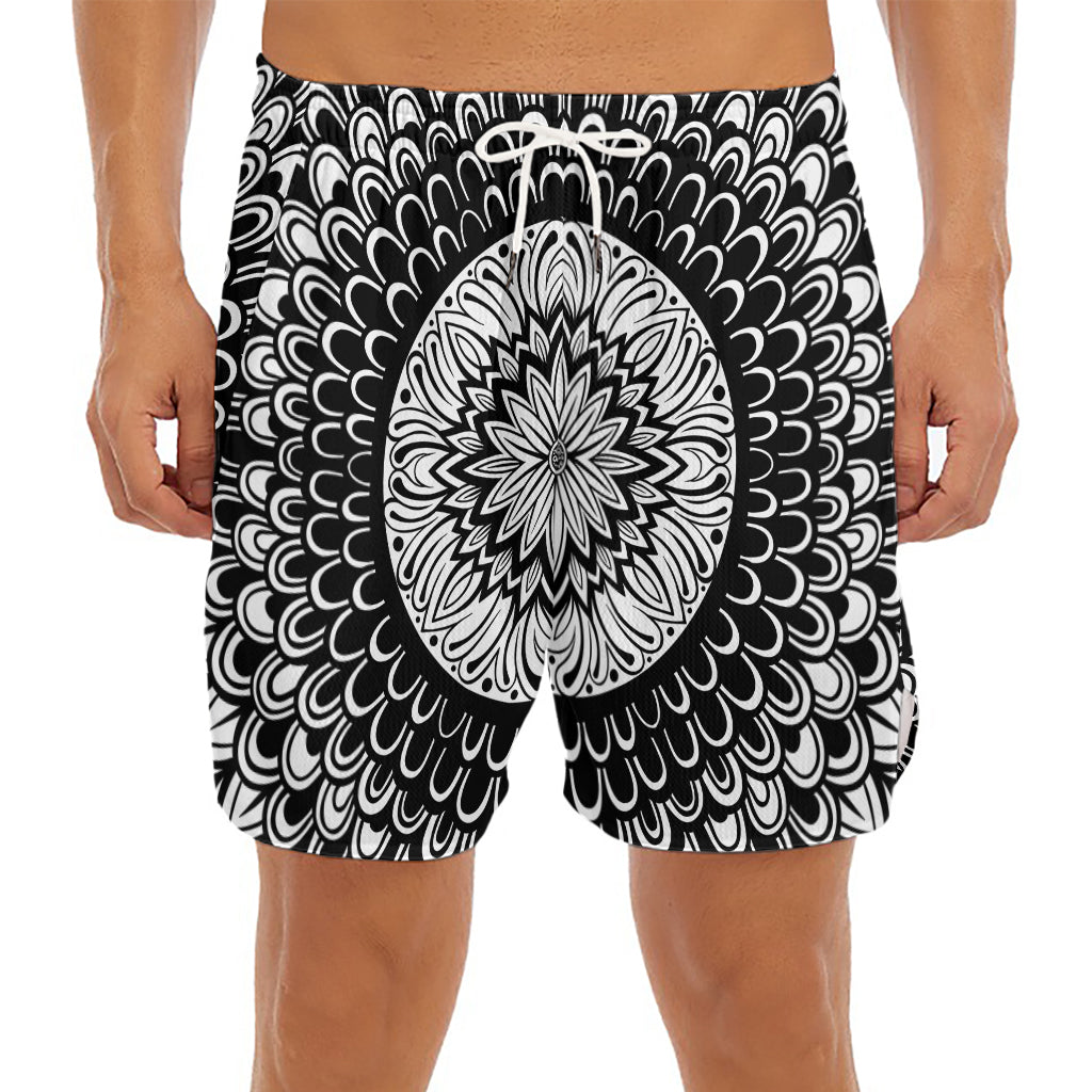 Black And White Mandala Print Men's Split Running Shorts