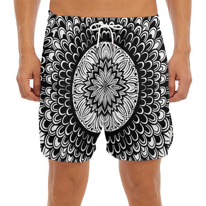 Black And White Mandala Print Men's Split Running Shorts