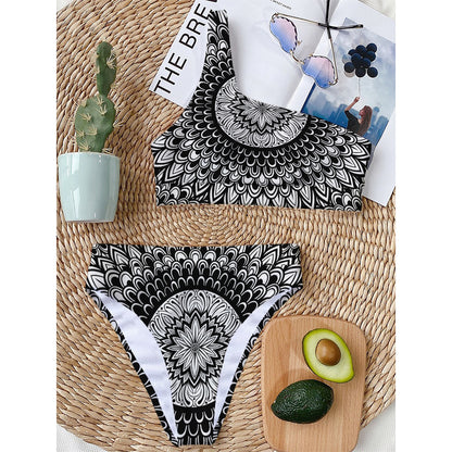 Black And White Mandala Print One Shoulder Bikini Top