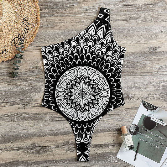 Black And White Mandala Print One Shoulder Bodysuit