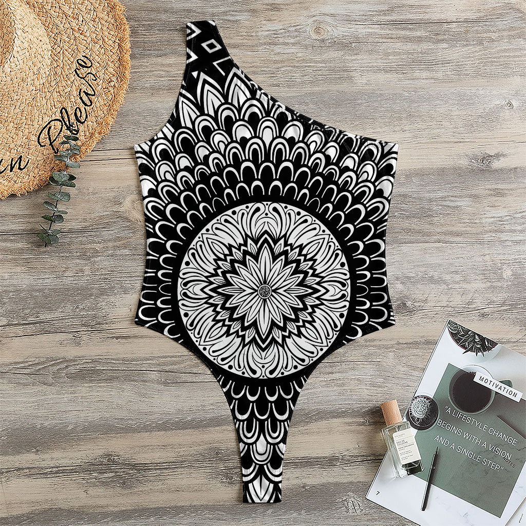 Black And White Mandala Print One Shoulder Bodysuit