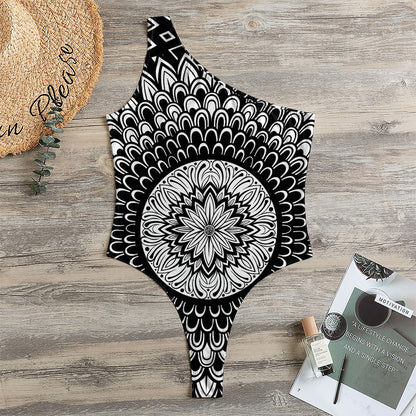 Black And White Mandala Print One Shoulder Bodysuit