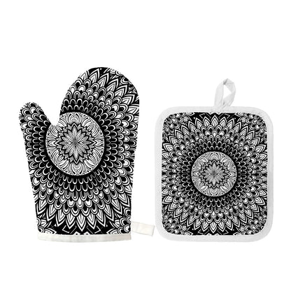 Black And White Mandala Print Oven Mitt And Pot Holder Set