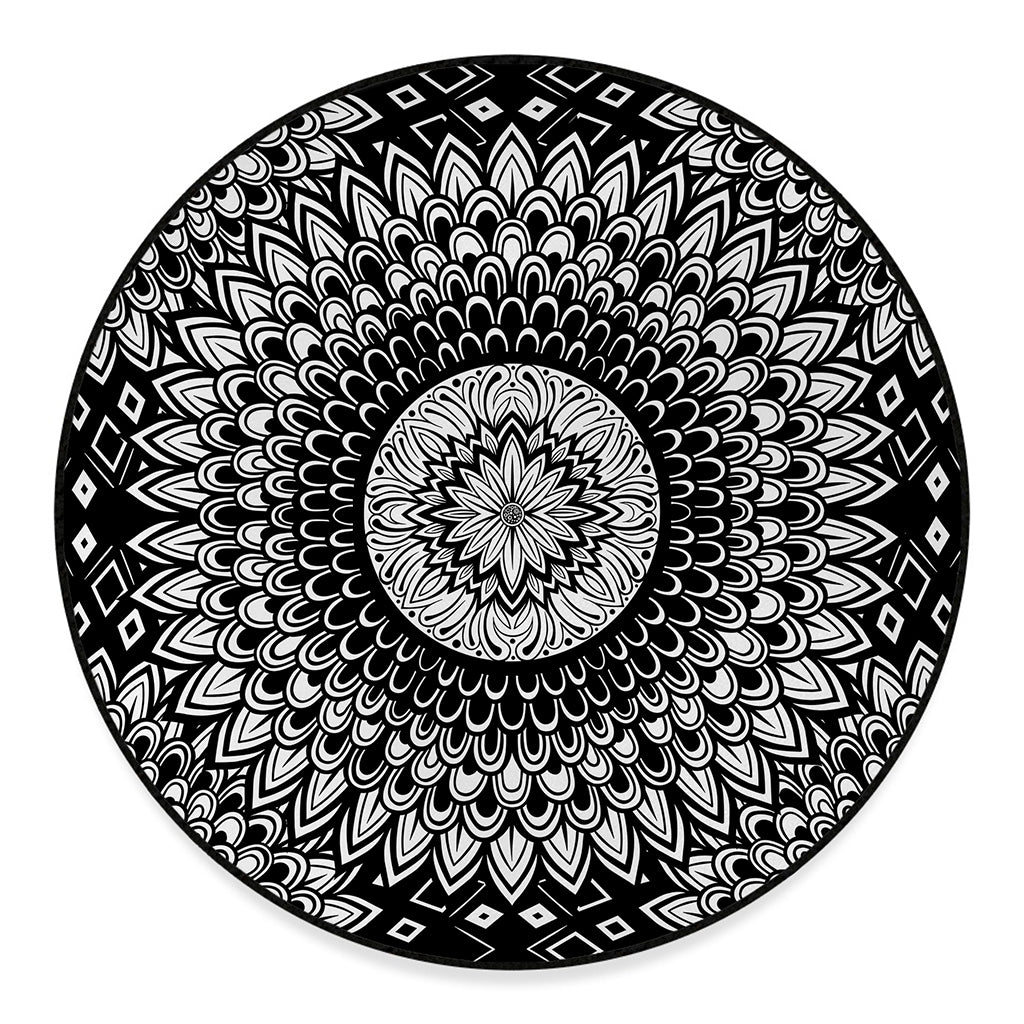 Black And White Mandala Print Round Floor Mat