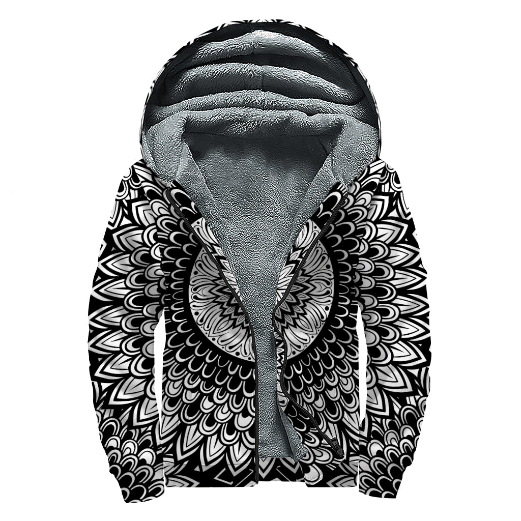 Black And White Mandala Print Sherpa Lined Zip Up Hoodie