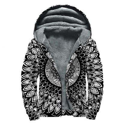 Black And White Mandala Print Sherpa Lined Zip Up Hoodie