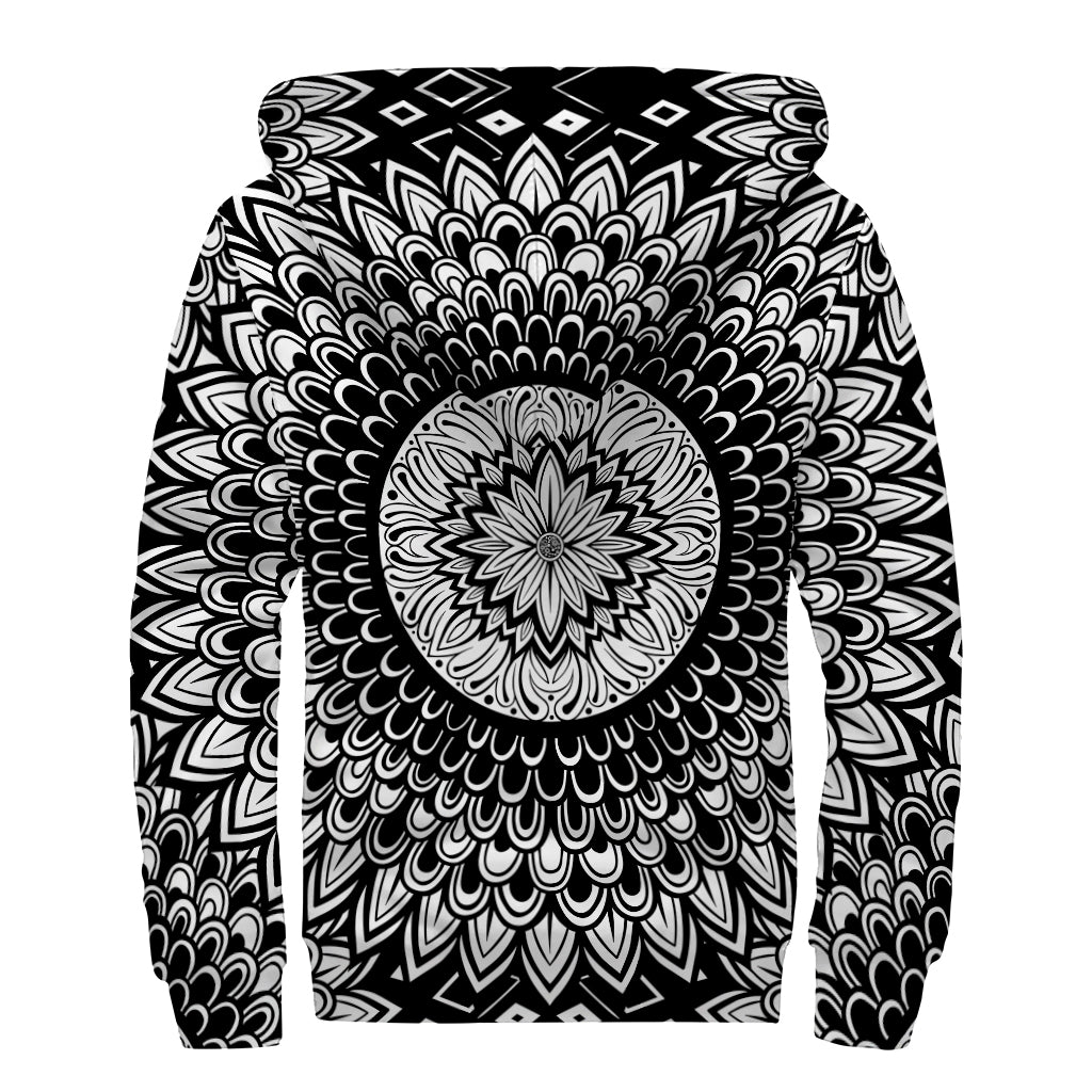 Black And White Mandala Print Sherpa Lined Zip Up Hoodie