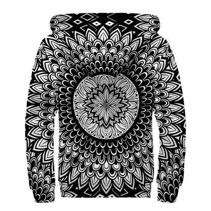Black And White Mandala Print Sherpa Lined Zip Up Hoodie