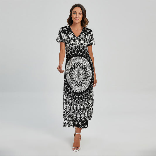 Black And White Mandala Print Short Sleeve Maxi Dress