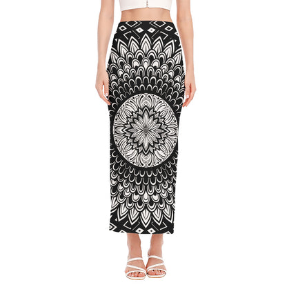 Black And White Mandala Print Side Slit Maxi Skirt