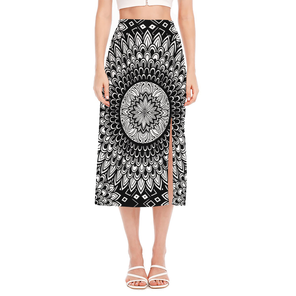 Black And White Mandala Print Side Slit Midi Skirt