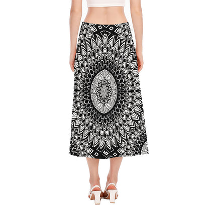 Black And White Mandala Print Side Slit Midi Skirt