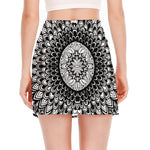Black And White Mandala Print Side Slit Mini Skirt