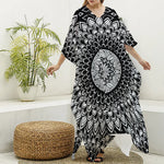 Black And White Mandala Print Silk V-Neck Kaftan Dress