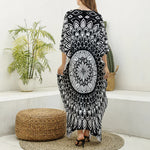 Black And White Mandala Print Silk V-Neck Kaftan Dress