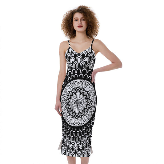 Black And White Mandala Print Slim Fit Midi Cami Dress