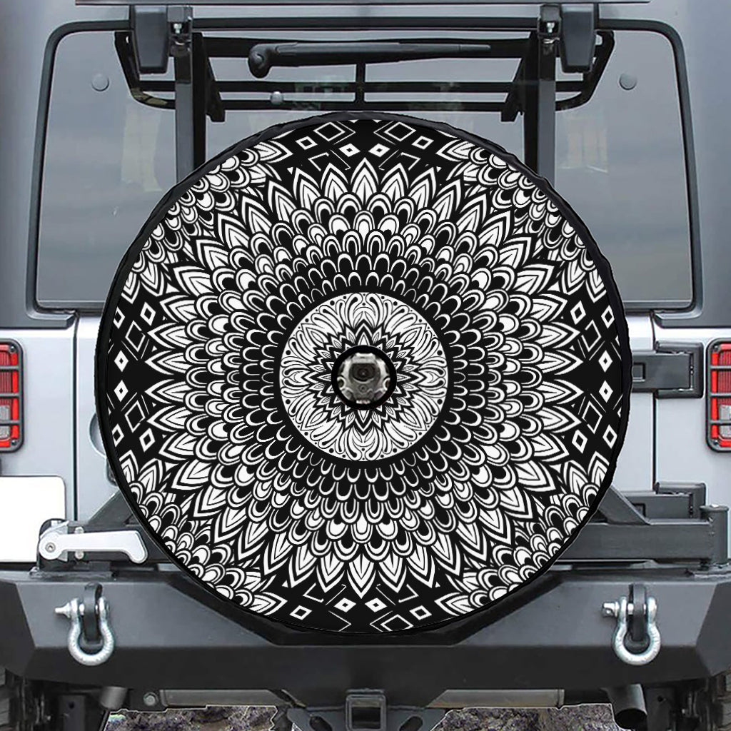 Black And White Mandala Print Tire Cover With Camera Hole