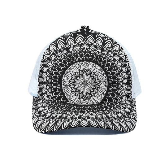 Black And White Mandala Print White Mesh Trucker Cap