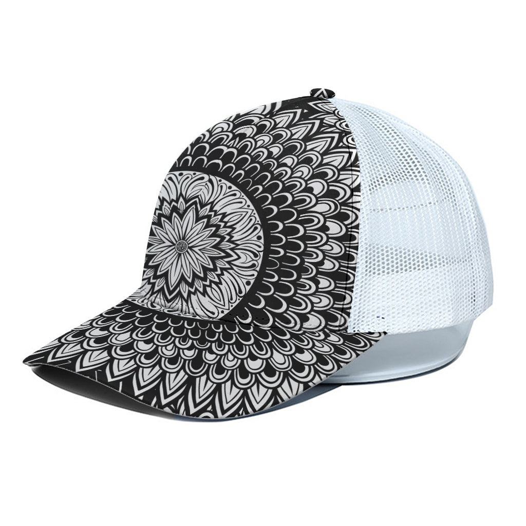 Black And White Mandala Print White Mesh Trucker Cap