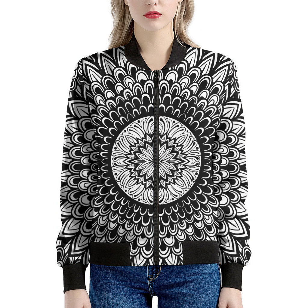 Black And White Mandala Print Women's Bomber Jacket