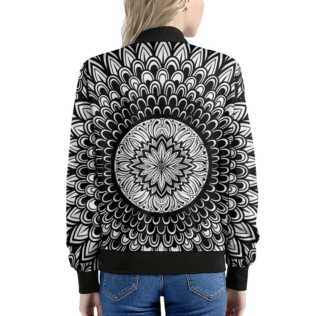 Black And White Mandala Print Women's Bomber Jacket