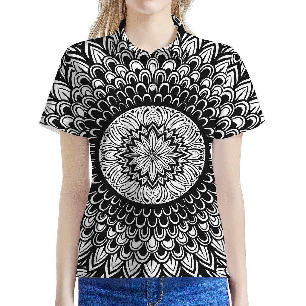 Black And White Mandala Print Women's Polo Shirt