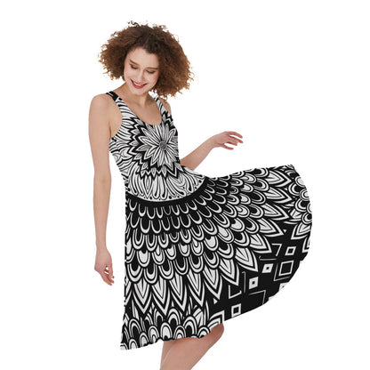 Black And White Mandala Print Women's Sleeveless Dress