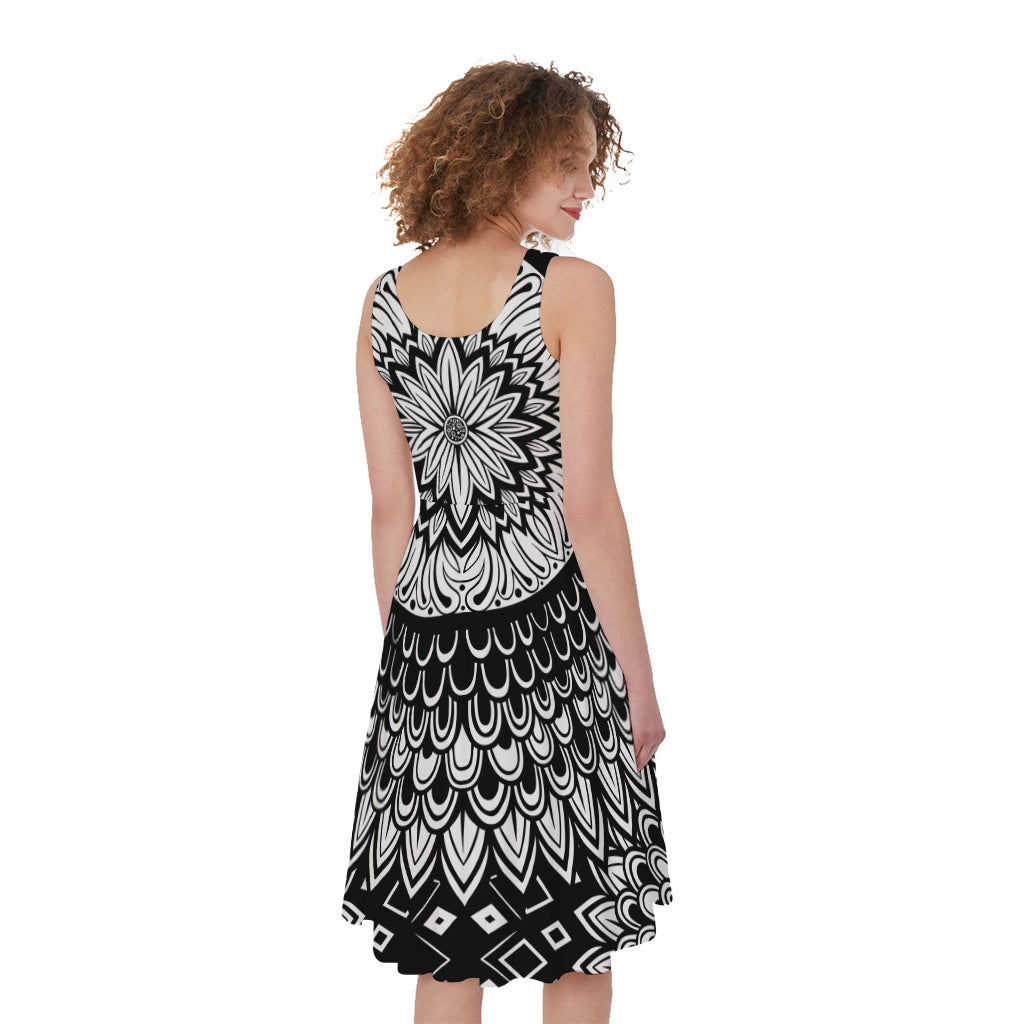 Black And White Mandala Print Women's Sleeveless Dress