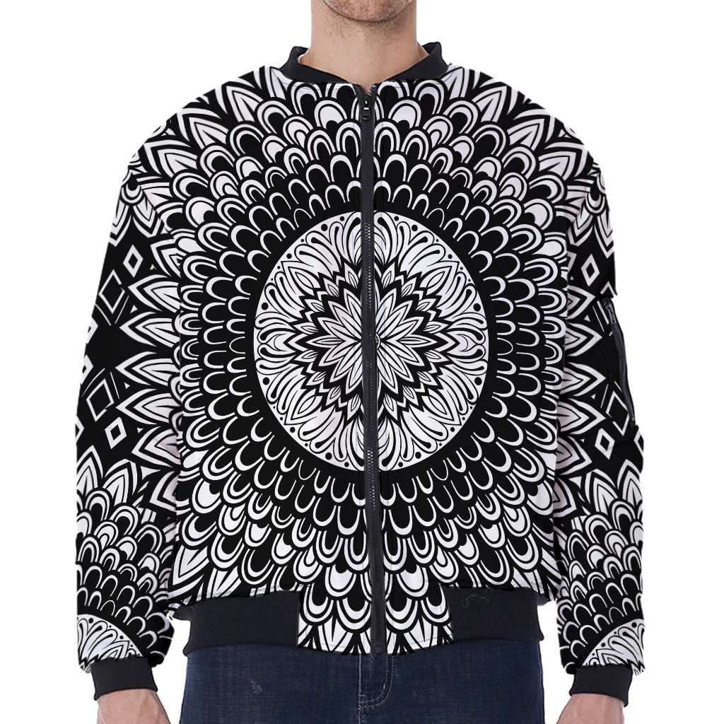 Black And White Mandala Print Zip Sleeve Bomber Jacket