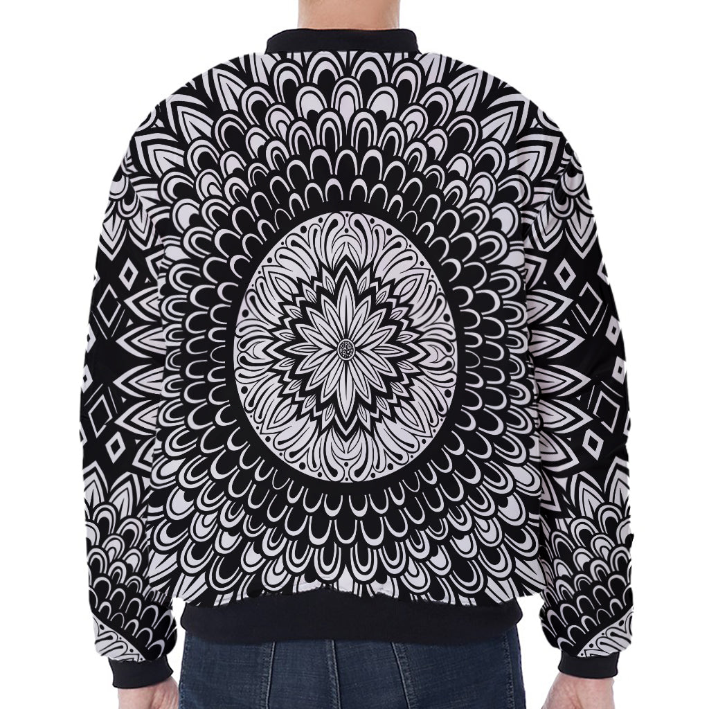 Black And White Mandala Print Zip Sleeve Bomber Jacket