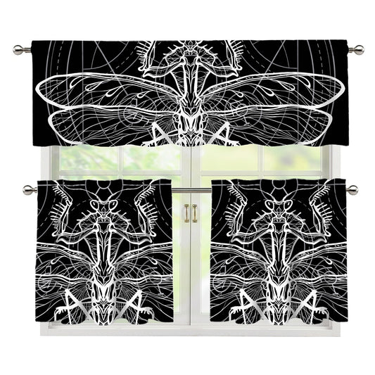 Black And White Mantis Spirit Print 3 Piece Kitchen Curtains