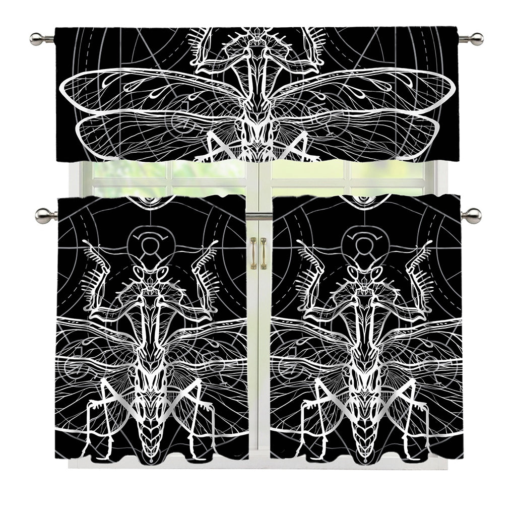 Black And White Mantis Spirit Print 3 Piece Kitchen Curtains