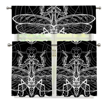 Black And White Mantis Spirit Print 3 Piece Kitchen Curtains