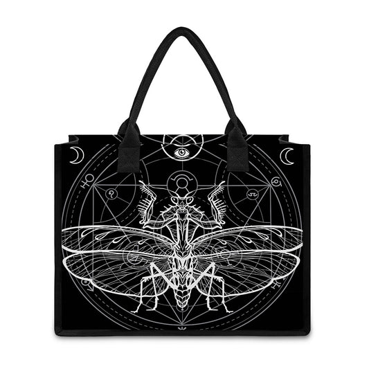 Black And White Mantis Spirit Print Canvas Tote Bag