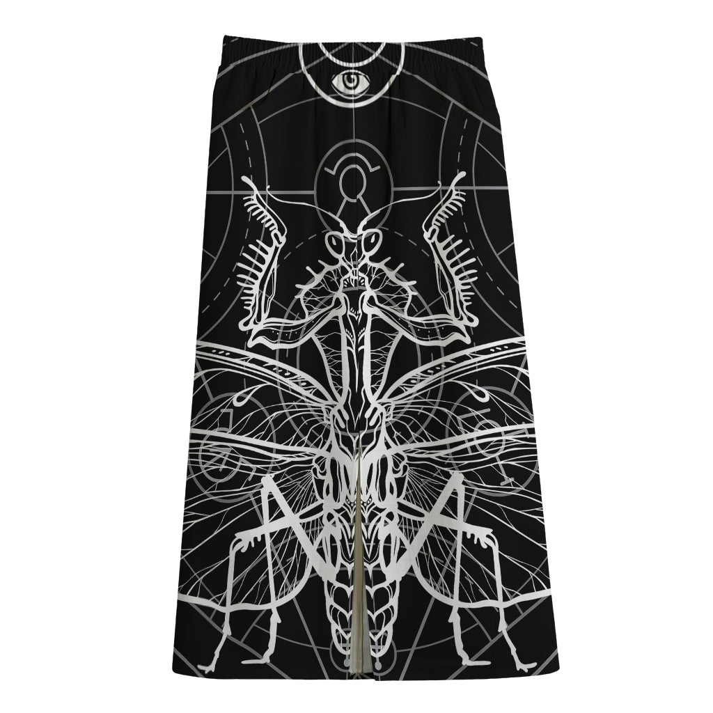 Black And White Mantis Spirit Print Cotton Front Slit Maxi Skirt