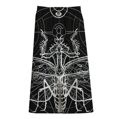 Black And White Mantis Spirit Print Cotton Front Slit Maxi Skirt