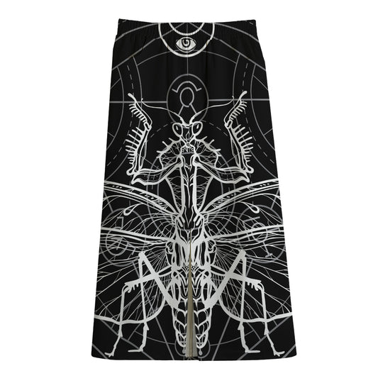 Black And White Mantis Spirit Print Cotton Front Slit Maxi Skirt