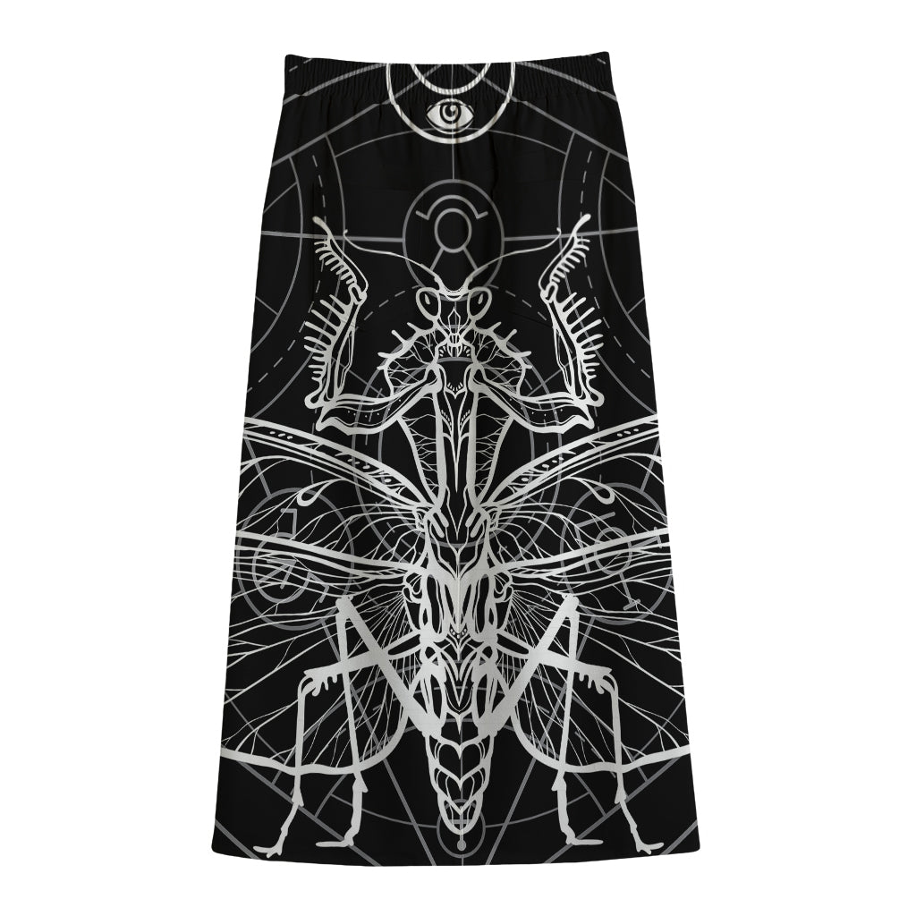 Black And White Mantis Spirit Print Cotton Front Slit Maxi Skirt