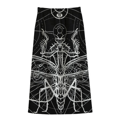 Black And White Mantis Spirit Print Cotton Front Slit Maxi Skirt