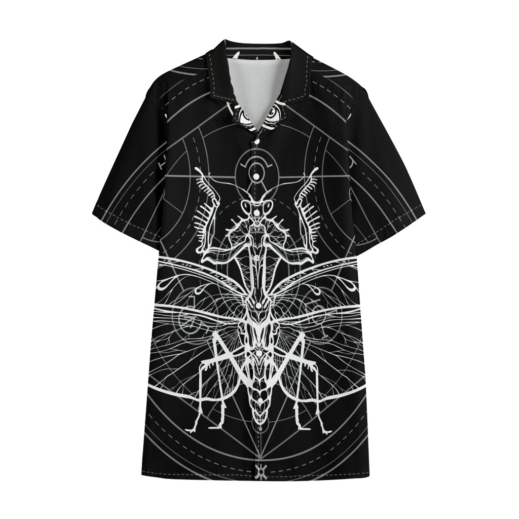 Black And White Mantis Spirit Print Cotton Hawaiian Shirt