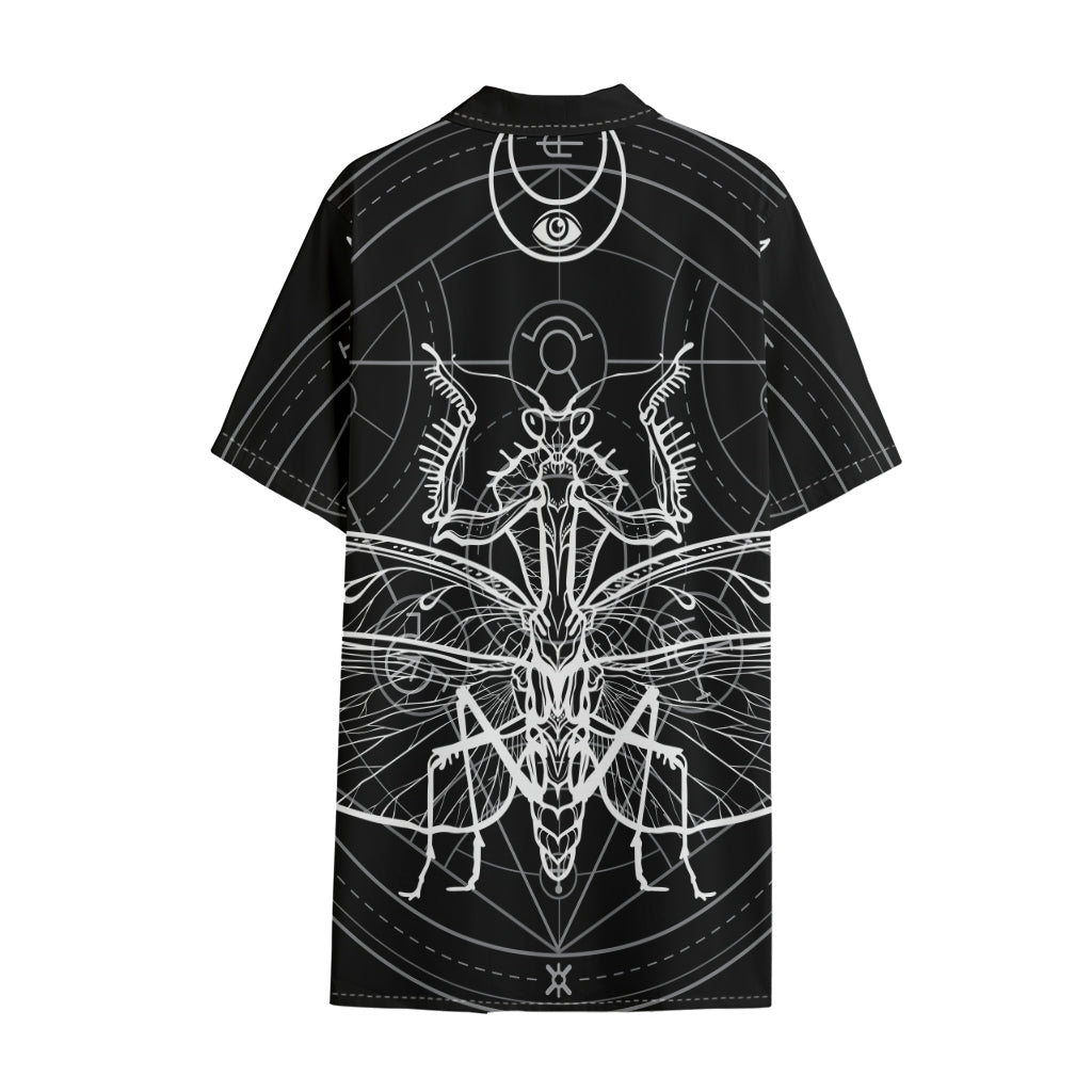 Black And White Mantis Spirit Print Cotton Hawaiian Shirt