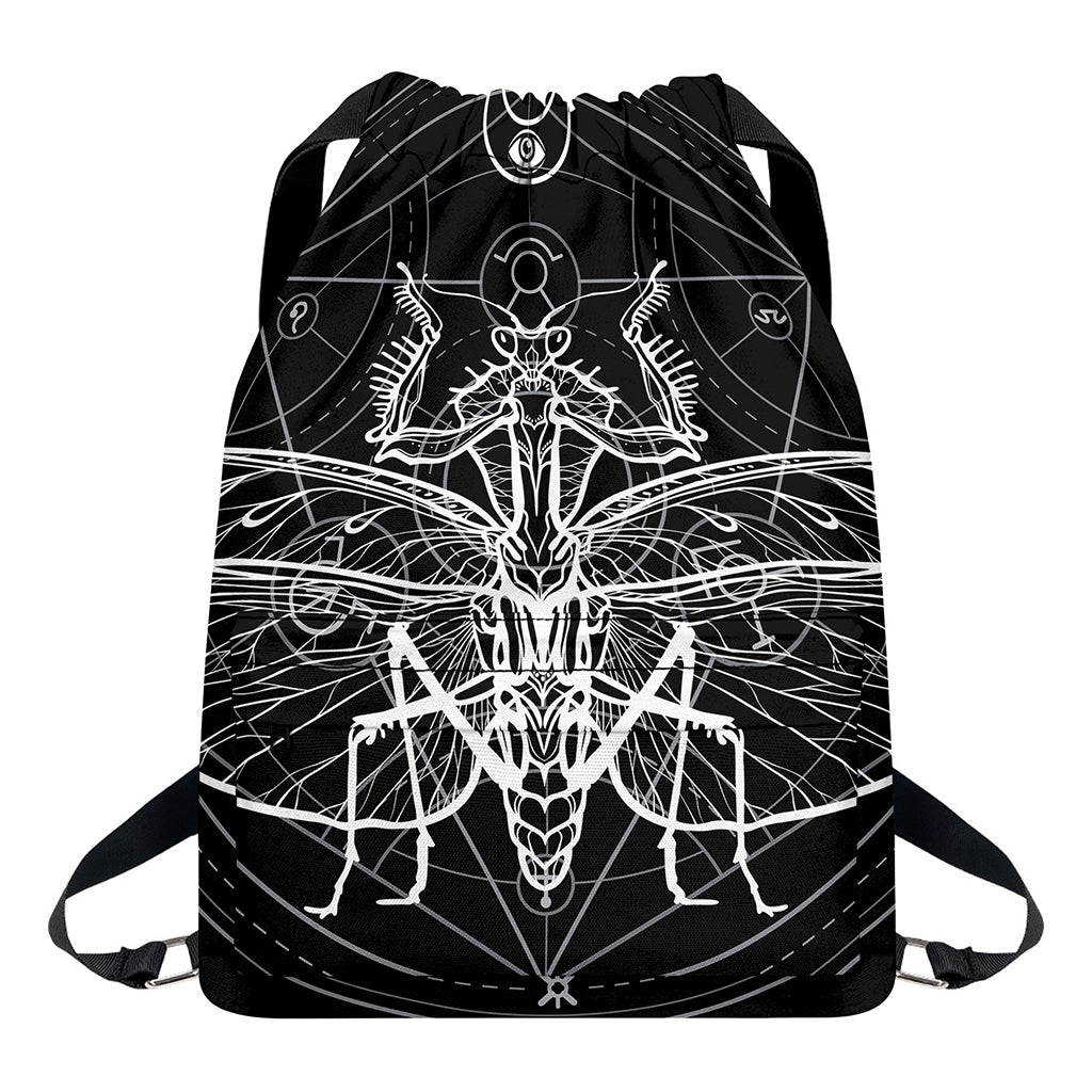 Black And White Mantis Spirit Print Drawstring Backpack