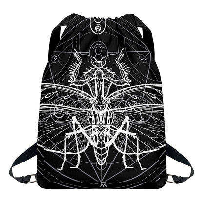 Black And White Mantis Spirit Print Drawstring Backpack