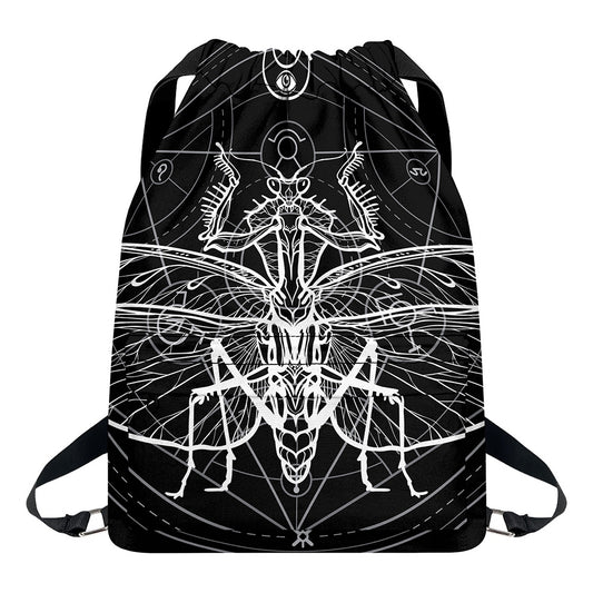 Black And White Mantis Spirit Print Drawstring Backpack