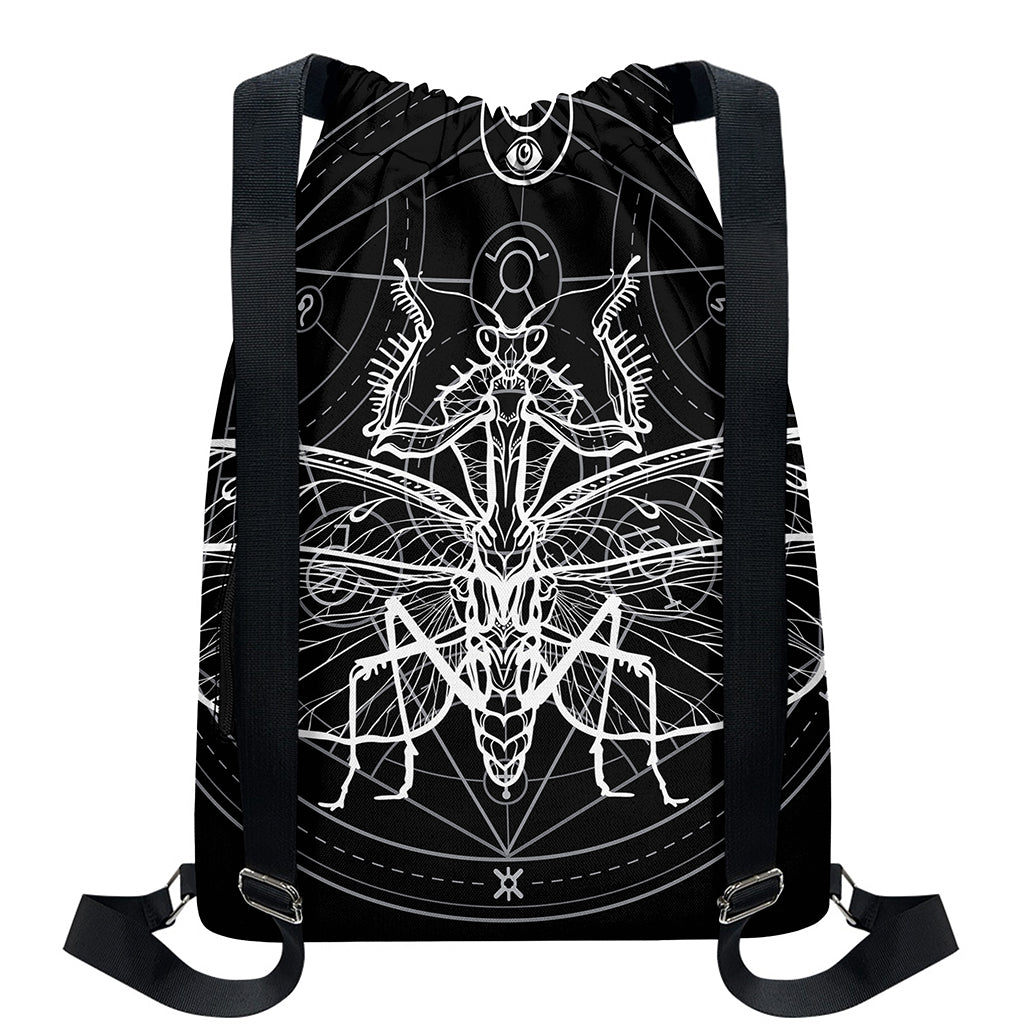 Black And White Mantis Spirit Print Drawstring Backpack