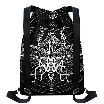 Black And White Mantis Spirit Print Drawstring Backpack
