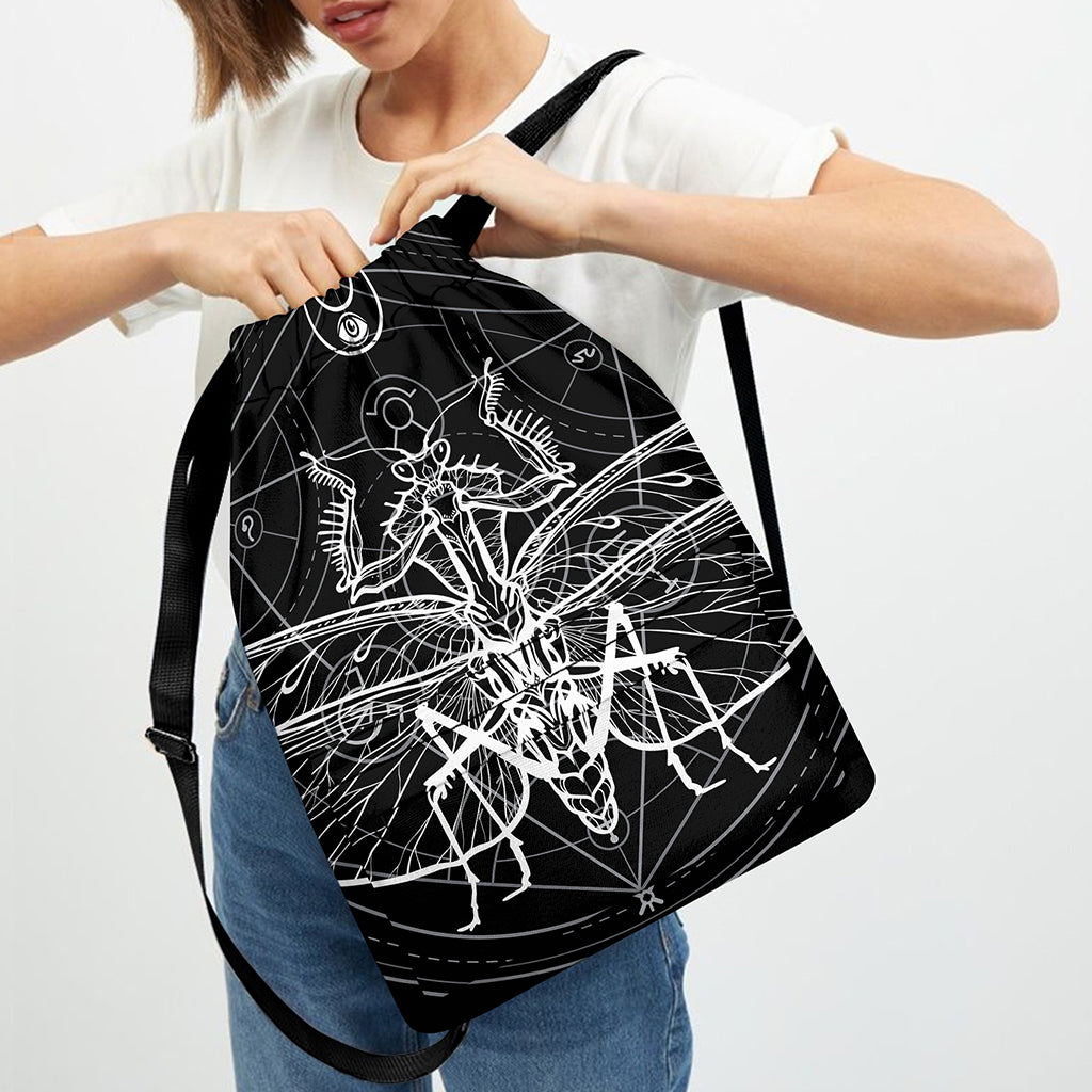 Black And White Mantis Spirit Print Drawstring Backpack