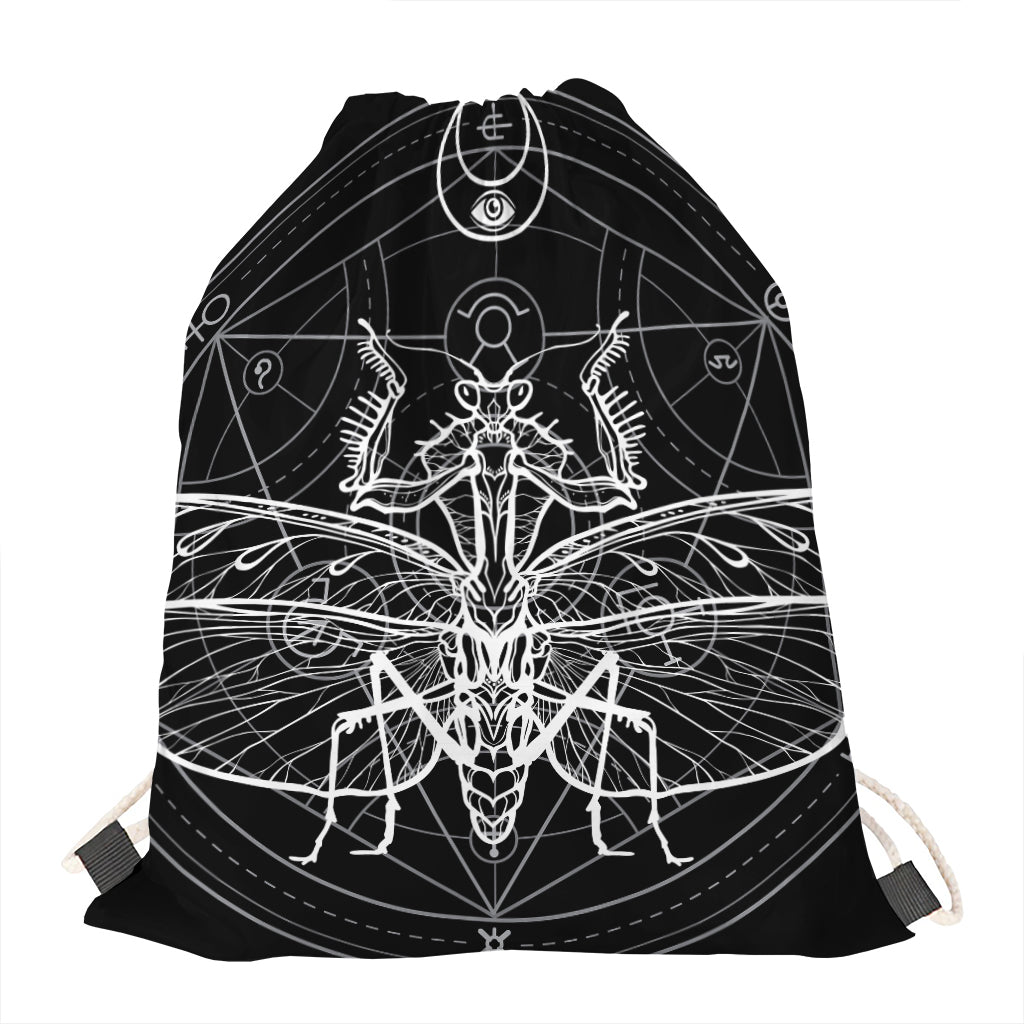 Black And White Mantis Spirit Print Drawstring Bag