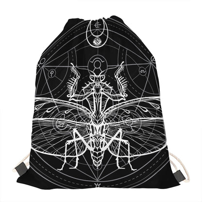 Black And White Mantis Spirit Print Drawstring Bag