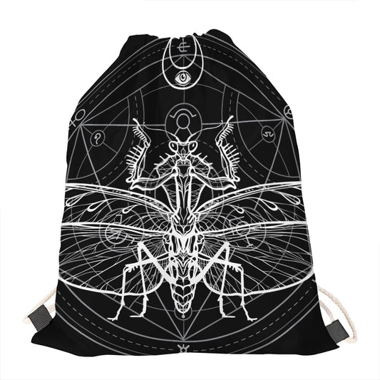 Black And White Mantis Spirit Print Drawstring Bag
